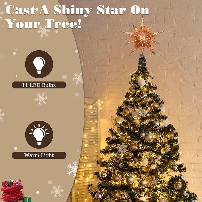 Lewondr Christmas Tree Topper Star, 13inch 10-Point Light Up Xmas Star Treetop with Plug and Remote Control for Home Christmas Decoration, 6H Timer & 8 Lighting Modes, Warm Light, Rose Gold