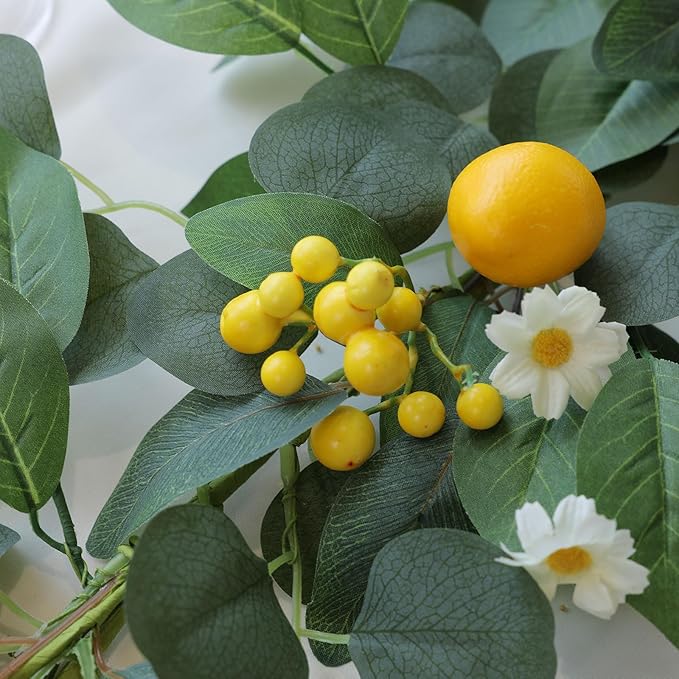 Mizii Artificial Lemon Garland 6FT Fake Fruit Lemons Garland with Berries Green Leaves Hanging Vines Greenery Decorations for Kitchen Table Centerpieces Room Party Birthday Decor (Lemon with Berries)