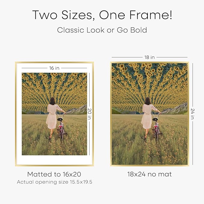 Homeforia 18 x 24 Poster Frame Gold, High End Metal 18x24 Picture Frames with Mat 16x20 Photo, 18 x 24 Gold Frame Matted to 16 by 20 Print, 24x18 Thin Hanging Frame, Tempered Glass, Wall Kit, Set of 4