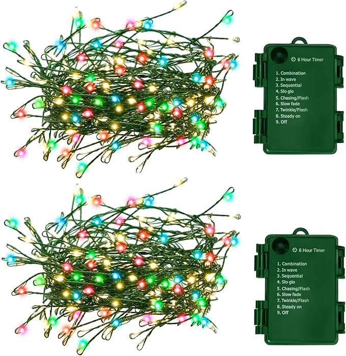 Battery Operated Christmas Lights, 10FT 100 LED Waterproof Dark Green Copper Wire Fairy Light String Light for Garland, Wreath, Patio, Garden, Wedding, Party, Xmas, Multicolor 2Pack