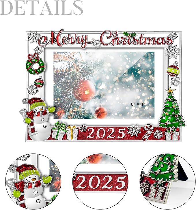 2025 Christmas Decorations Picture Frame 4x6 Snowflake Christmas Metal Photo Display Photo Frames with High Definition Glass Front Gift Ideas Tabletop Home Decorative (Snowman 2025)
