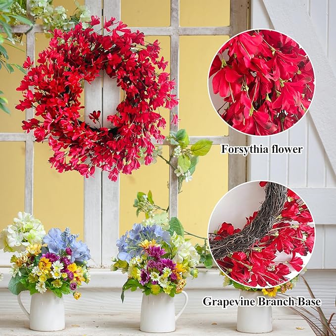 Spring Wreath for Front Door, 24 Inch Spring Red Forsythia Wreath Blossom Cluster Flower Farmhouse Wreath on Grapevine for Festival Celebration Front Door Wall Window Decoration Home Decor