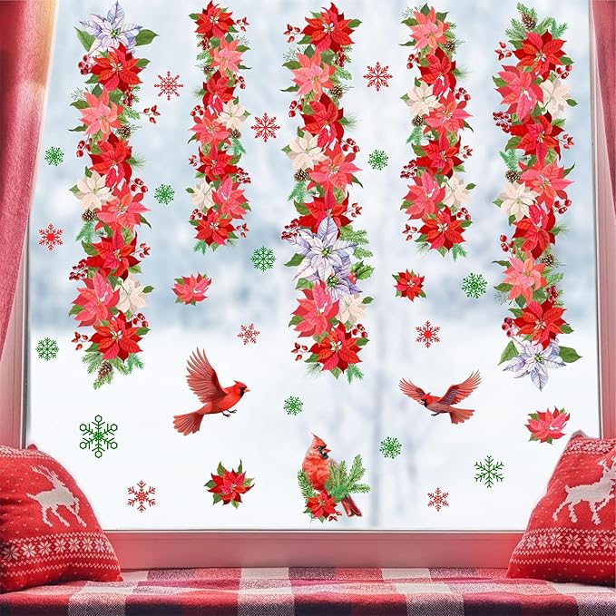 Christmas Wall Sticker Christmas Wall Decals Peel and Stick Double Sided Xmas Window Decal Indoor Art Murals Hanging Floral Cardinal Snowflakes Sticker for Door Holiday Home New Year Party Supplies