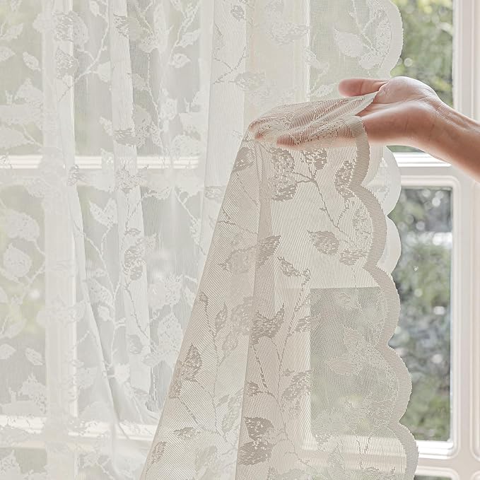 Beige Lace Sheer Curtains – Vintage Leaves Pattern Lace Fall Curtains, Modern Privacy Light Filtering Rod Pocket Window Drapes for Bedroom Living Room, 52W x 54L Inch, 2-Panel Set