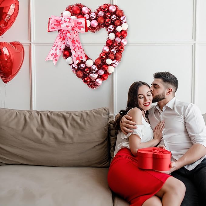 Sggvecsy 17.7’’ Heart Shaped Wreath with Bowknot Valentines Day Red Pink White Red Balls Decorations with Tinsel for Front Door Wedding Anniversary Wall Decor Gift for Girlfriend Mother’s Day