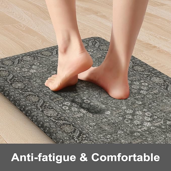 KIMODE Anti Fatigue Kitchen Mat, Cushioned Boho Distressed Kitchen Runner Rug, Non Slip Waterproof Kitchen Mat for Floor, Comfort Foam Standing Desk Mat for Laundry Office Sink Green/Grey 20"x39"