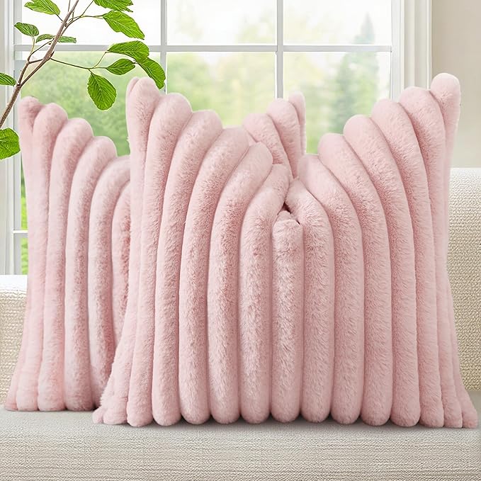 decorUhome Faux Fur Christmas Throw Pillow Covers 26x26 Set of 2, Decorative Soft Plush Striped Neutral Couch Euro Pillow Covers with Velvet Back for Sofa, Bed, Living Room Home Decor, Pink