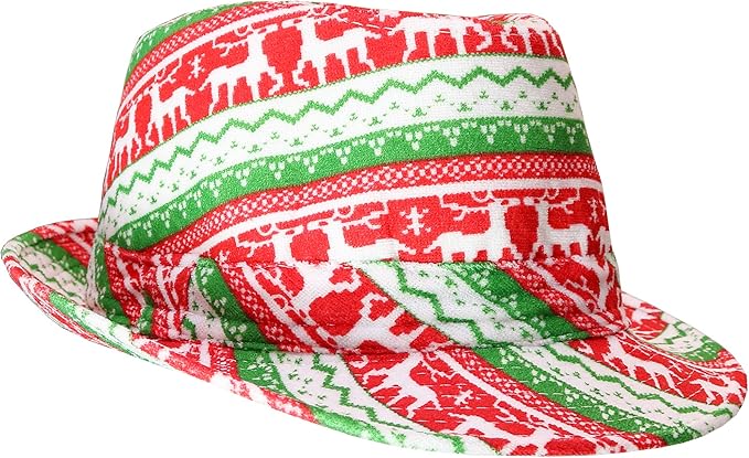 Skeleteen Ugly Sweater Fedora Hat - Funny Christmas Holiday Red and Green Ugly Sweater Party Hat for Adults and Kids