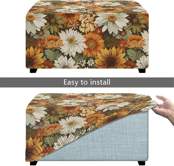 Sunflower Fall Ottoman Cover - Ultra Stretchy Machine Washable Slipcover for Rectangular Footstools, Cozy Thanksgiving Home Decor, 30x24x15 Inch for Friends