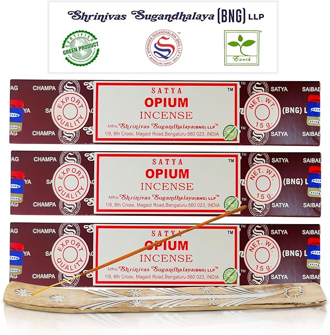 Satya Opium Incense Sticks, Satya Bng (Bangalore) Insenses 15gmx3 Pack with Raajsee Incense Holder Bundle, Satya Nagchampa Natural Incense