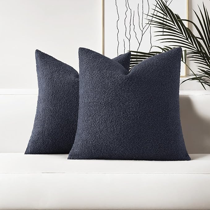 HAUSSY Set of 2 16x16 Decorative Throw Pillow Covers, Soft Cozy Textured Boucle Couch Cases, Home Decor for Couch Bed Living Room, Navy Blue