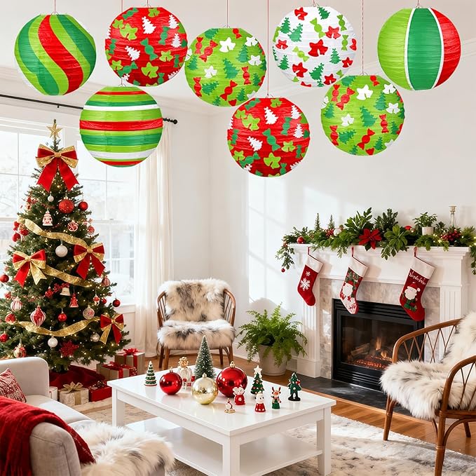 Christmas Paper Lanterns, 12 PCS Christmas Hanging Paper Lanterns Indoor Outdoor, Red Green and White Xmas Tree Candy Bell Lantern for Christmas Party Decorations Home Holiday Decor