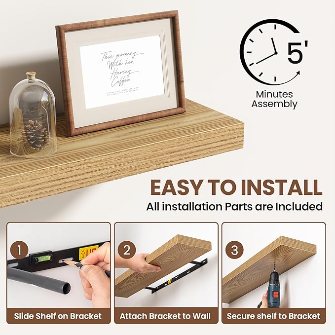 55 Inch Floating Shelves for Wall 2 Pack, 55" Wall Shelves for Books, Storage, Decor, Wall Mounted Floating Shelf with Invisible Brackets for Kitchen, Living Room, Light Brown