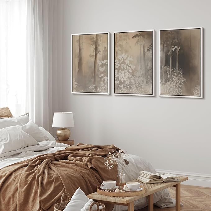 MUDECOR Framed Wall Art Print Set Neutral Forest Landscape Beige and Gray Watercolor Illustrations Realism Decorative for Living Room, Bedroom, Office - 16"x24"x3 White