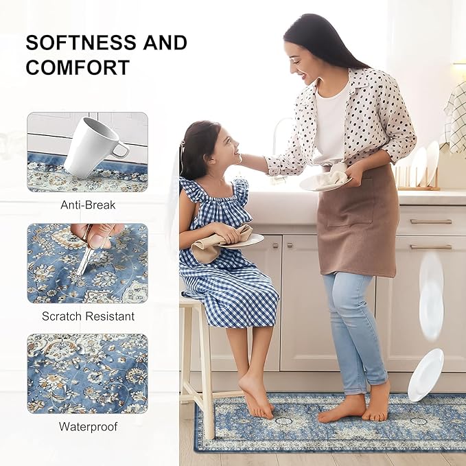 Collive Boho Blue Kitchen Mats Cushioned Anti Fatigue Mats, Non-Slip Kitchen Floor Mats, Kitchen Rugs for Sink, Laundry,Office, 17”x30” Waterproof Standing Desk Mat