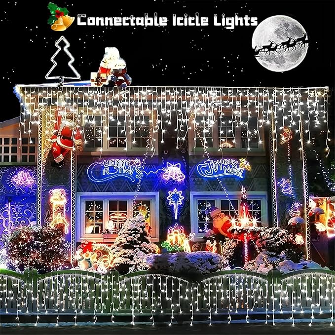 YEGUO 33ft 400 LED Icicle Lights Outdoor, 80 Drops Icicle Christmas Lights Connectable, 8 Modes White Icicle String Lights with Timer Memory Indoor