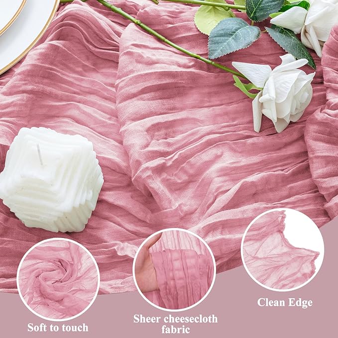 12PCS Table Runner Cheesecloth 10FT Pink Boho Gauze Cheese Cloth Rustic Sheer Table Runners for Wedding Birthday Bridal Baby Shower Party Decoration