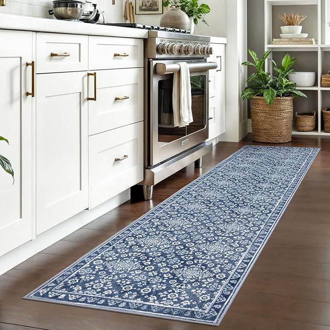 Vintage 2x7 Runner Rug, Denim Blue White Washable Runners for hallways, Super Soft Kitchen Runner Rug Non Slip, Print Faux Wool Floral Thin Carpet Runner for Entryway Indoor Bedside Runner