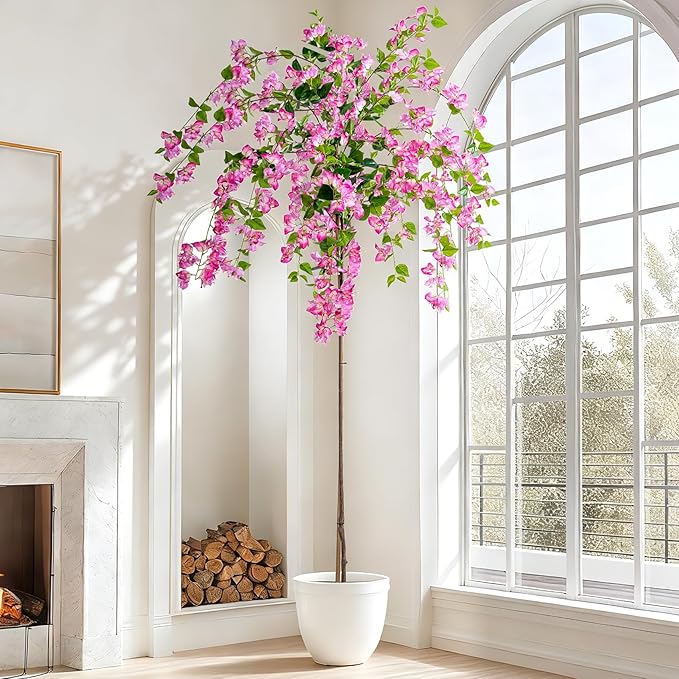 7.2FT Artificial Bougainvillea Tree Artificial Tree Tall Potted Fake Bougainvillea Trees for Outdoor Indoor Lifelike Potted Faux Plants with Wood Trunk and Flowers Office Wedding Home Decor