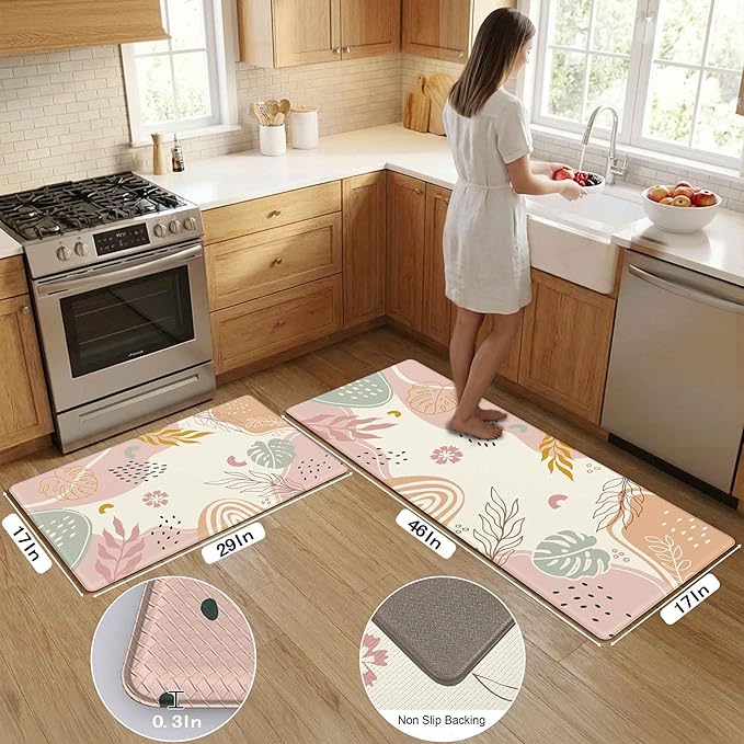 Boho Kitchen Rug Mats for Floor Cushioned Anti Fatigue Pink Kitchen Rugs Sets of 2 Botanical Non Slip Waterproof Comfort Memory Foam Standing Floor Mat for Office Laundry Sink Desk