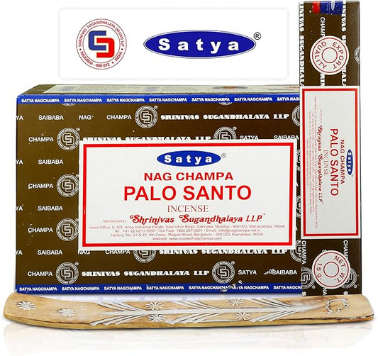 Satya Palo Santo Incense Sticks, Satya sai Baba Insenses 15gmx12 Pack with Raajsee Incense Holder Bundle, Satya Nag Champa Natural Incense