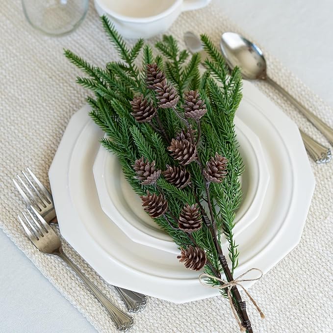 HyeFlora 14 PCS Christmas Norfolk Pine Stems with Small Pine Cones Branches, 19 In Real Touch Artificial DIY Greenery Pine Needles Picks,Xmas Faux Cedar Pine Branche for Vase Indoor Outdoor Home Décor
