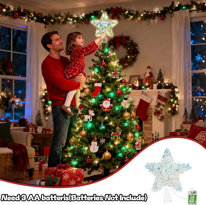 Christmas Tree Topper Star Iridescent Tinsel Star Tree Topper 10 Inch Lighted Tree Topper Battery Operated Christmas Tree Decoration for Holiday Indoor Decoration Warm White Light