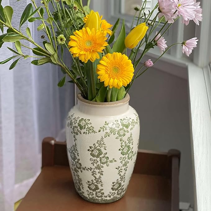 10” Retro Crackle Glaze Ceramic Vase Rustic Green Vases Decorative Vases Farmhouse Home Decor Vase Chinoiserie Vintage Flower Vases