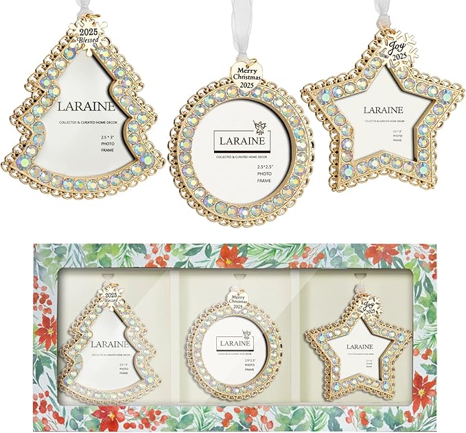 Laraine Christmas Tree Ornaments 3 Pieces – Decorative Hanging 2025 Rhinestones Pendant with Small Picture Frame Insert for Pet Holiday Keepsake Gift (Gold (2025))