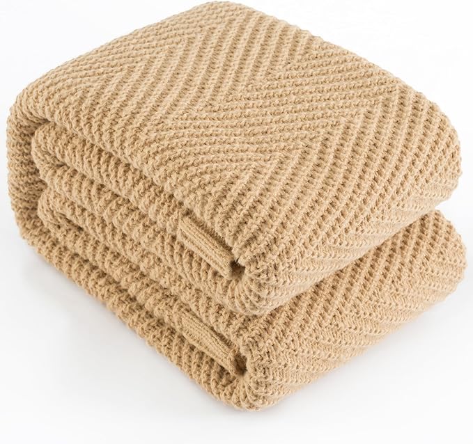 Knitted Throw Blanket 60"X80", Tan Brown Knit Throws for Bed, Super Soft Boho Chevron Blankets for Couch Sofa Chair Room Decor, Textured Decorative Farmhouse Cozy Lightweight