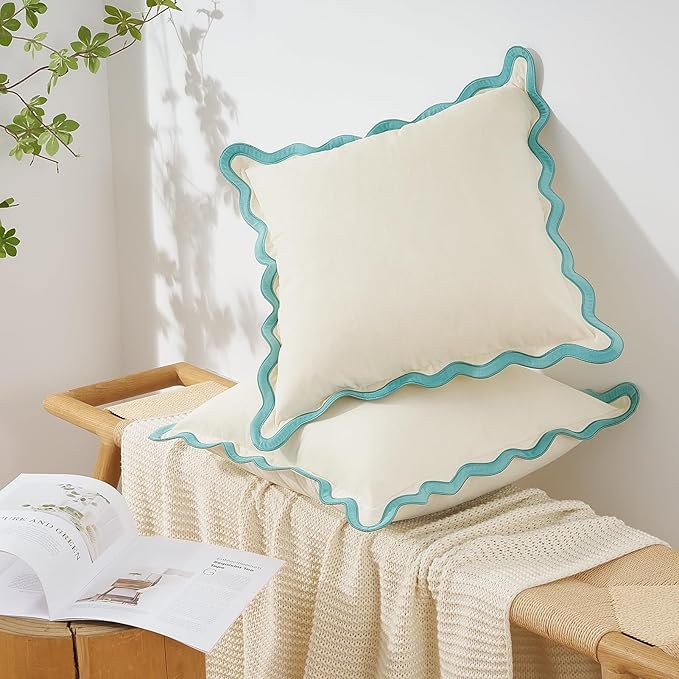 MONDAY MOOSE Decorative Throw Pillow Covers Cushion Cases, Set of 2 Soft Velvet Scalloped Wavy Edge Designs, Mix and Match for Home Decor, Pillow Inserts Not Included (18x18 inch, White/Light Blue)