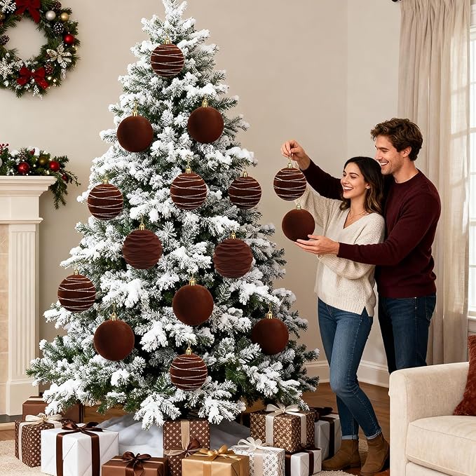 Artmag 6Pcs Velvet Christmas Ornaments Balls Sets for Christmas, Plastic Shatterproof Xmas Tree Flocked 3.94 inch Ornaments Balls for Winter Holiday Decor (Brown)