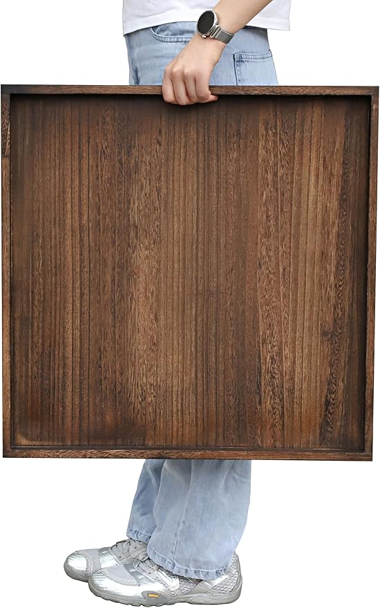 Square Wood Ottoman Serving Tray 24" - Rustic Wooden Table Tray for Farmhouse Decorative Oversized Coffee Table Trays Living Room Kitchen Counter Breakfast Brown