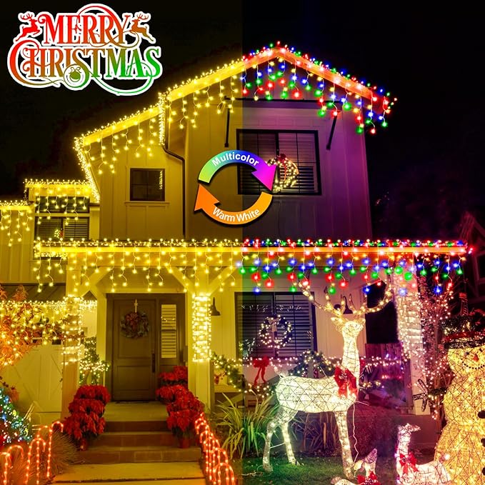 Color Changing Ice Lights, 164FT 1600 LED Outside with 320 Drops, 11 Modes Timer Waterproof Warm White to Multicolor String Lights for Christmas Eaves Party Decorations