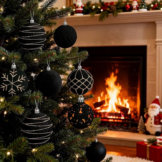 Artmag 16Pcs Velvet Christmas Ornaments Balls Sets for Christmas, Plastic Shatterproof Xmas Tree Flocked 2.36 inch Ornaments Balls for Winter Holiday Decor (Black)