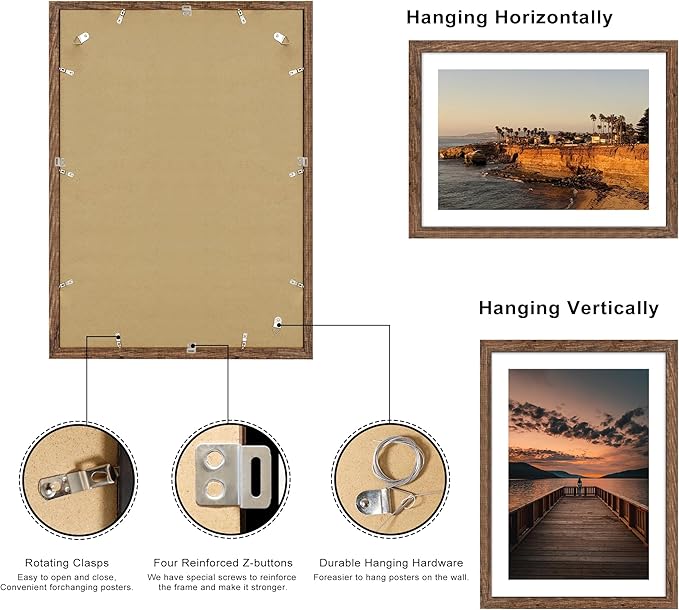 20x28 Poster Frame Set of 2, 20 x 28 Wood Picture Frames with Mat for 16x24, Wooden Photo Frame with Tempered Glass Cover for Wall Mounting Display, Rustic Brown