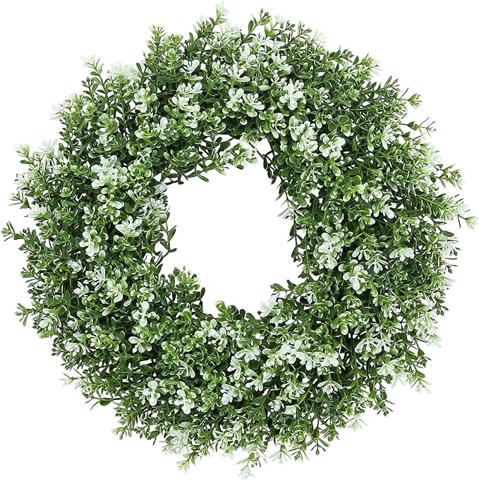 15inch Boxwood Wreath,Artificial Boxwood Wreath for Front Door, Spring Summer Greenery Wreaths for Front Door Farmhouse Wedding Green Year Round Indoor Outdoor
