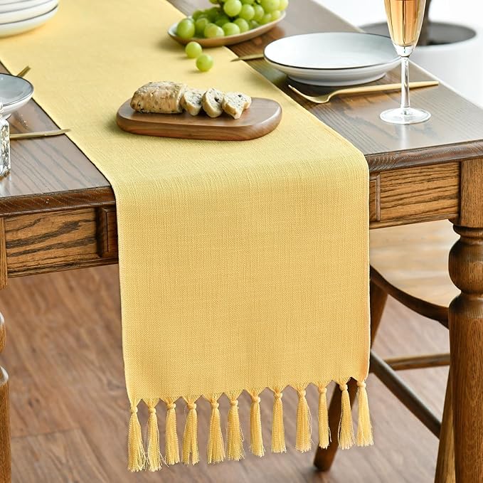 Artoid Mode Yellow Tassel Table Runner, Summer Linen Blend Rustic Farmhouse Style Kitchen Table Decoration Holiday Wedding Party Dinning Decor 13x36 Inch