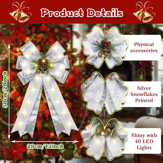 2 Pcs Pre-Light Christmas Decorative Bows for Wreath, 20 X 12” Large Christmas Tree Topper Bow with Bells, Berry, Pine Cones, 40 LED Silver Snowflake Ornament Bow for Indoor/Outdoor- White