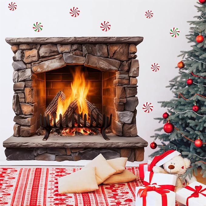 Large Christmas Wall Decals Christmas Wall Decoration Vinyl Sticker Peel and Stick Indoor Xmas Fireplace Decal for Walls Removable Peppermints Xmas Art Murals for Living Room Holiday Xmas Party Supply