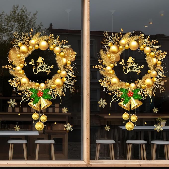 Winter Whole Golden Wreath Clings for Window Large Xmas Wreath Window Stickers Large News Years Decor DIY Static Wall Window Door Mural Showcase Decal Sticker-15.7x23.6 in (1 Pack)
