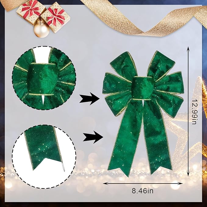 2 Pieces Christmas Green Velvet Bows for Wreath, Xmas Wreath Bows Winter Holiday Craft Tree Topper Bows for Front Door Christmas Party Decorations