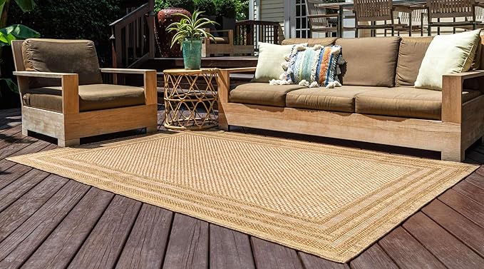 Unique Loom Outdoor Border Collection Area Rug - Multi Border (2' 2" x 3' Rectangle, Tan/ Light Brown)
