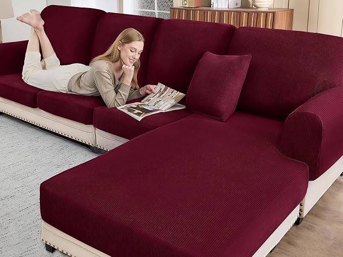 Sectional Couch Covers for Sofa Cushion L Shaped Couch Cover Washable Soft Couch Cushion Covers Stretch Sofa Slipcovers(3-Piece for Sofa Seat or Backrest, Burgundy)