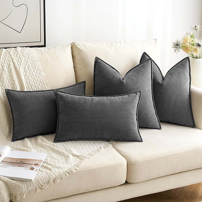 MIULEE Pack of 2 Dark Grey Decorative Lumbar Pillow Covers 12x20 Inch Soft Chenille Luxurious Couch Throw Pillows Farmhouse Cushion Covers with Elegant Design for Sofa Bedroom Living Room Home Decor