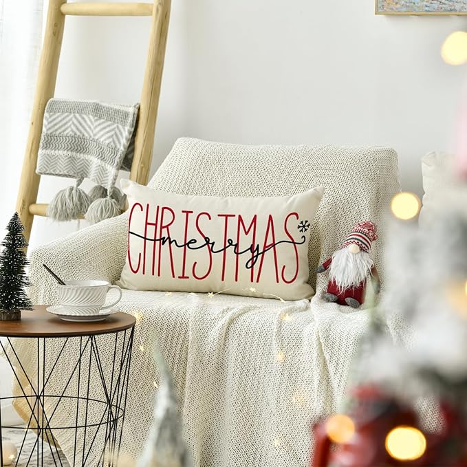 AVOIN colorlife Merry Christmas Throw Pillow Cover, 12 x 20 Inch Winter Holiday Cushion Case Decoration for Sofa Couch