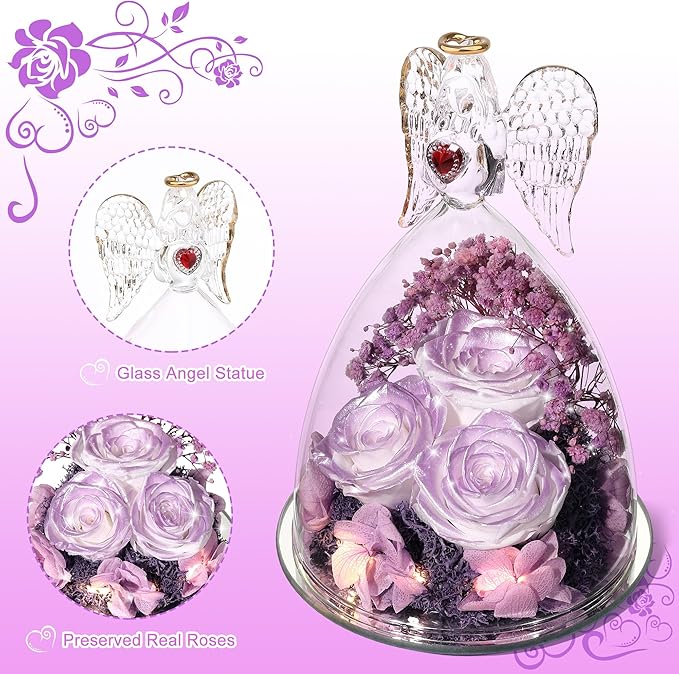 Mothers Day Rose Gifts for Women, Large Angel Figurines with Real Roses, Preserved Real Flower Rose for Her, Gardient Purple