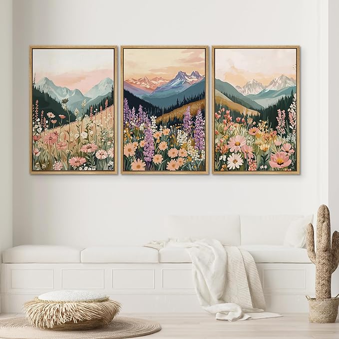 SIGNWIN Framed Canvas Print Wall Art Set Wildflower Meadow with Mountain Sunset Colorful Nature Landscape Illustrations Modern Art Decorative Zen for Living Room, Bedroom, Office - 24"x36"x3 Natural