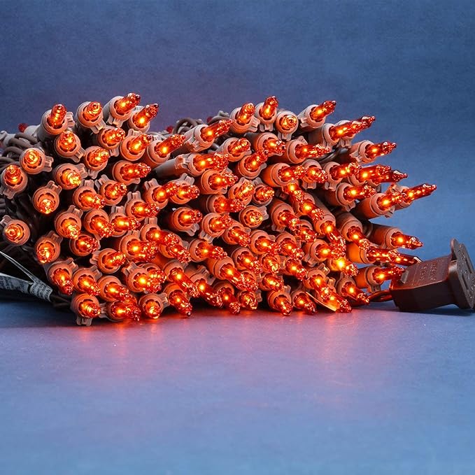 200 Count Orange Christmas Lights, Pack of 2 Strands 100 Count 33 ft Brown Wire UL Listed Halloween String Light (Orange)