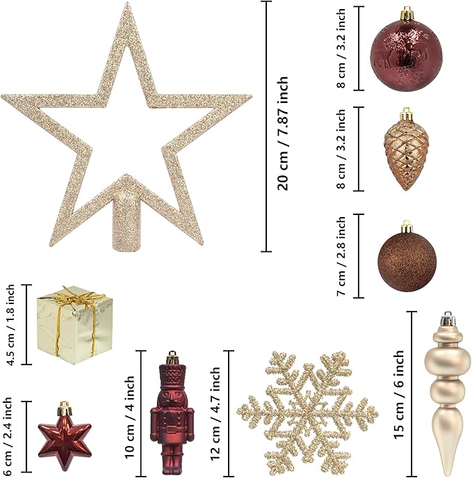 ITART 101pcs Christmas Tree Ornaments Assortment Burgundy Brown Champagne Gold Including Star Tree Topper Balls Nutcracker Figurines Snowflakes Poinsettia Flowers Bead Garland for Christmas Tree Decor